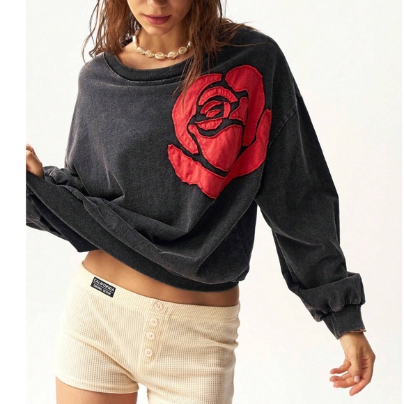 Cozy Cotton Mineral Wash Rose Patch Oversized Long Sleeve Top - Picture 4 of 6
